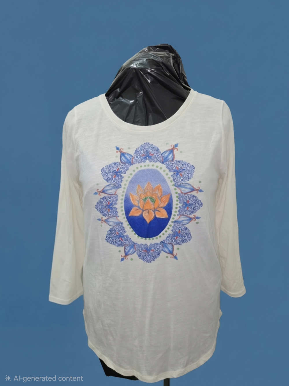 Lucky Brand Cream Long-Sleeve Tee with Blue and Orange Lotus Graphic